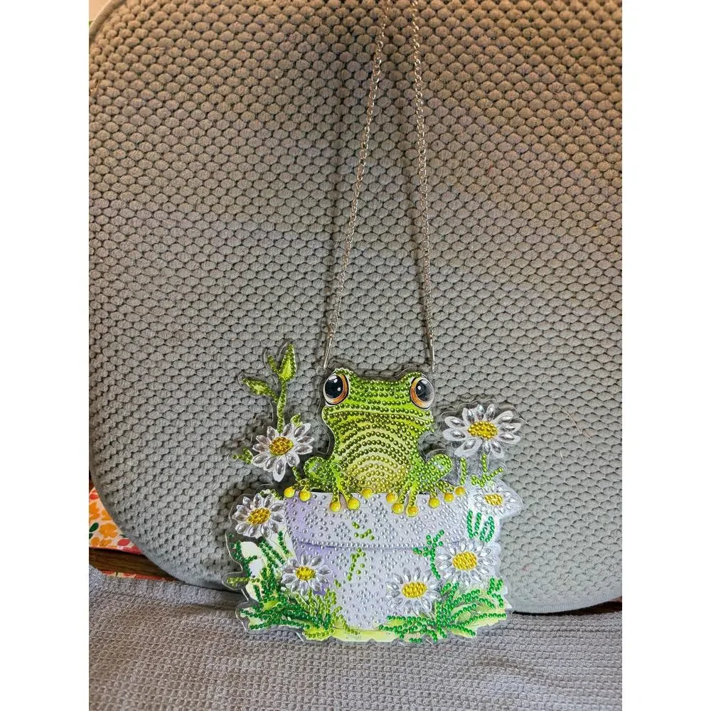 New Whimsicle Frog and Floral Completed Diamond Art Sun Catcher With Chain